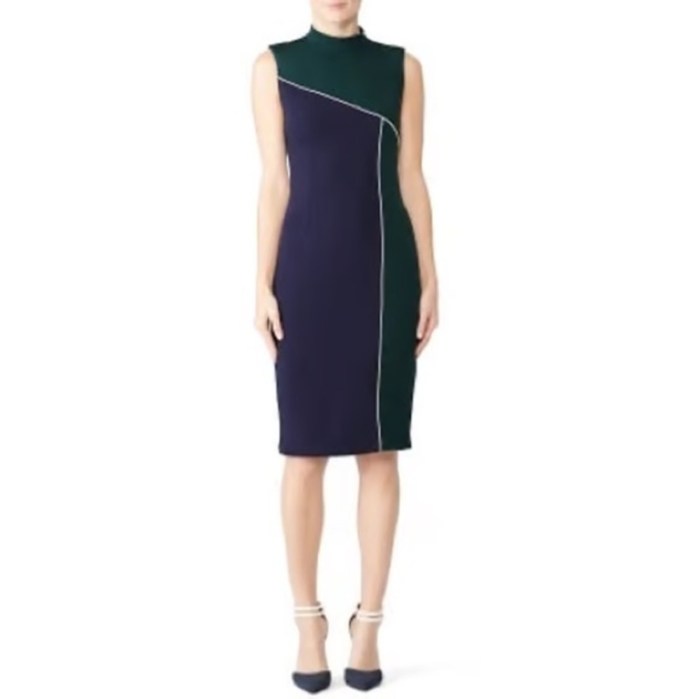 Alexia Admor Green & Blue Mockneck Retro Sleeveless Knee Length Mod Dress